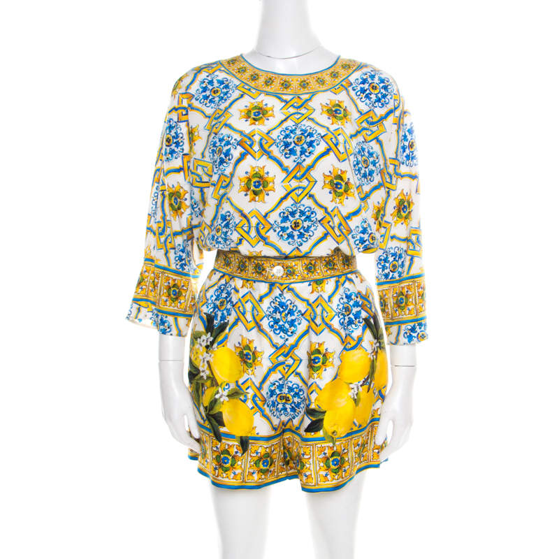 Pre Owned Dolce & Gabbana Majolica Printed Silk Top and Shorts Set S