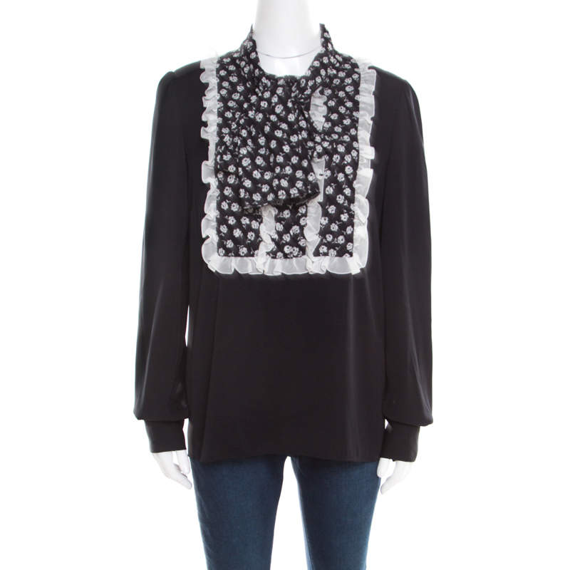 Pre Owned Dolce & Gabbana Monochrome Small Flower Print Silk Ruffled Bib Blouse M