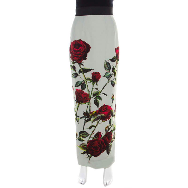 Dolce & Gabbana Mint Green Rose Printed Crepe Maxi Skirt XS