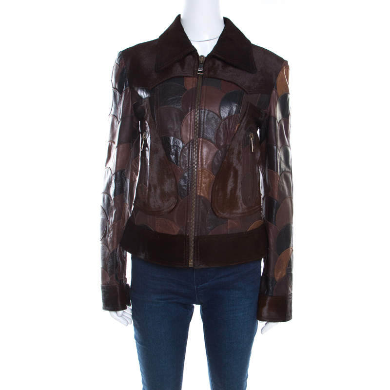 مملوكة مسبقًا Dolce & Gabbana Brown Calfskin Circular Patchwork Leather Zip Front Jacket M