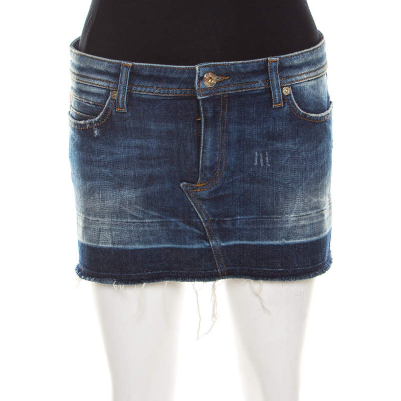 Pre Owned Dolce & Gabbana Indigo Washed Denim Distressed Frayed Edge Mini skirt S