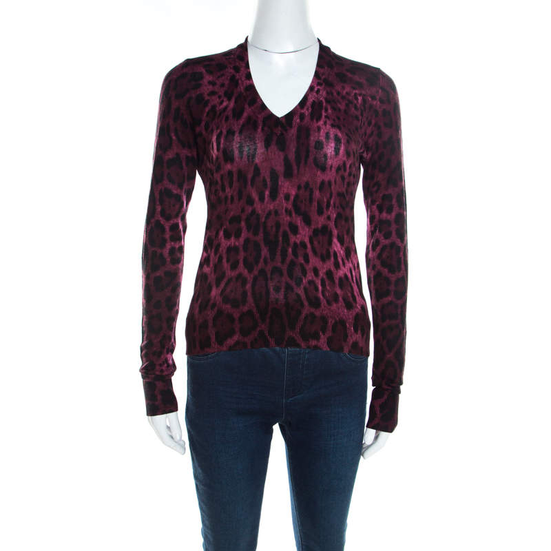 Pre Owned Dolce & Gabbana Mulberry Purple Leopard Print Wool Sweater Top S