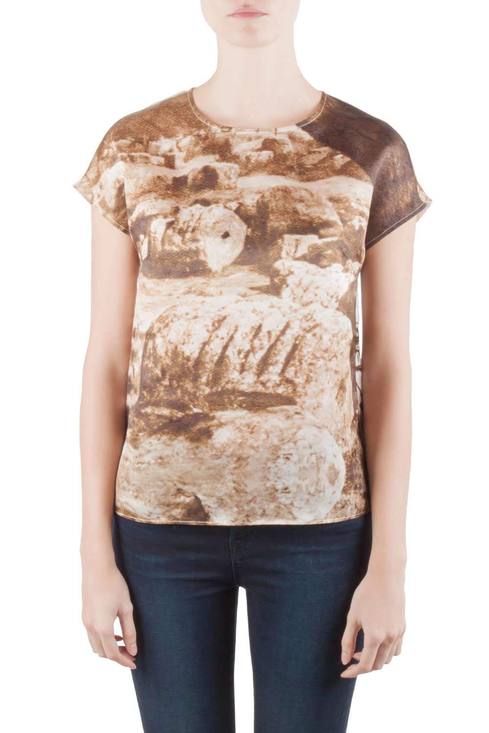 Pre Owned Dolce & Gabbana Sepia Brown Ruins Print Silk Boxy Blouse S