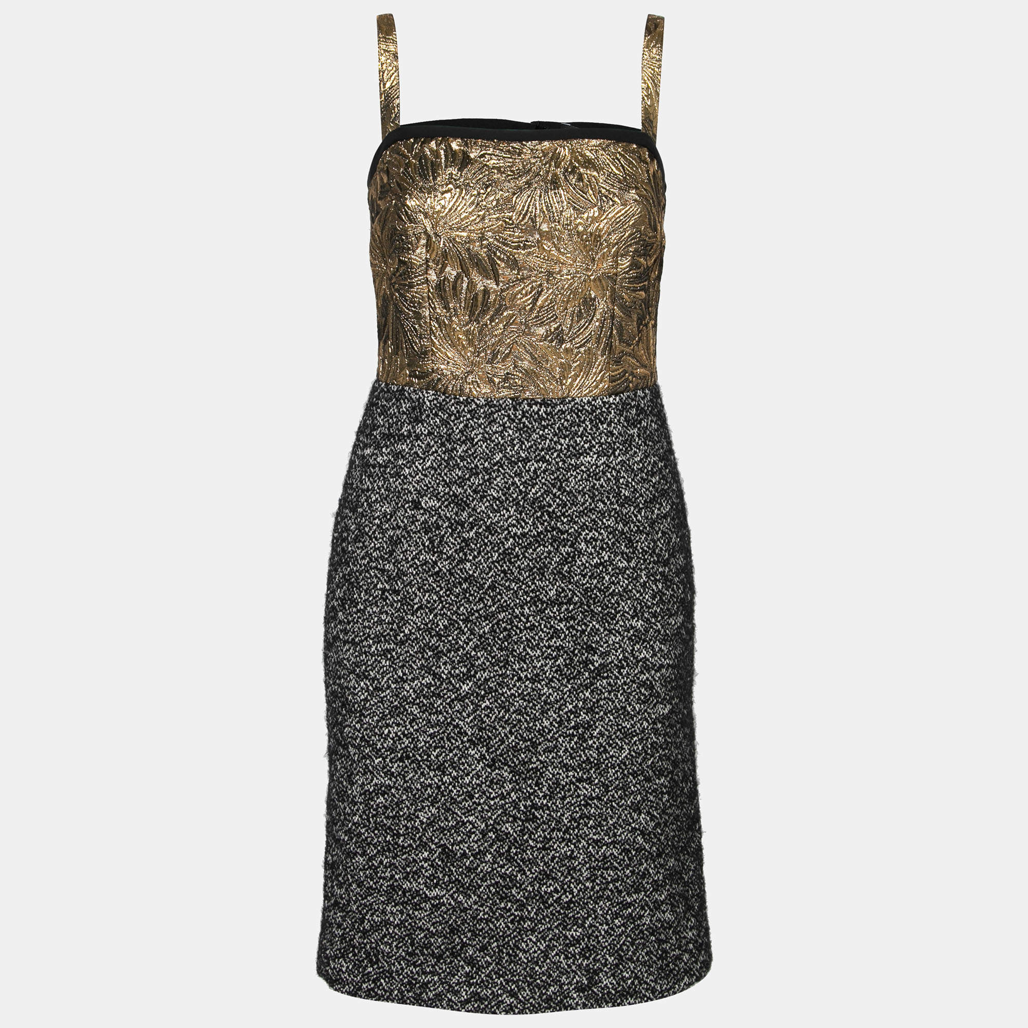 Pre Owned فستان دولتشي أند غابانا تويد وزركشة ذهبية كتل لونية بلا أكمام S