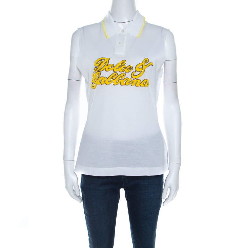 Pre Owned Dolce & Gabbana White Pique Cotton Sequin Logo Embroidered Sleeveless Polo Top M