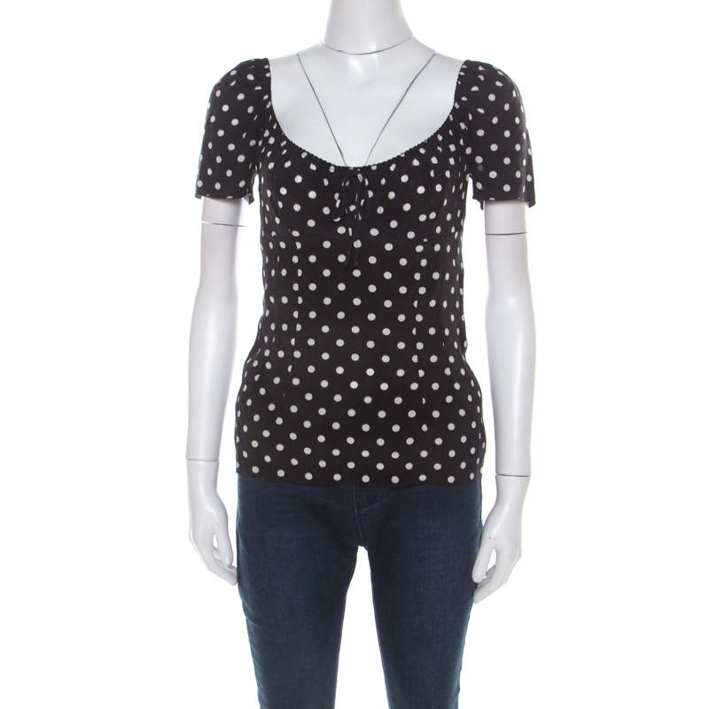 Pre Owned Dolce & Gabbana Black and White Polka Dot Printed Silk Bow Detail Top S 