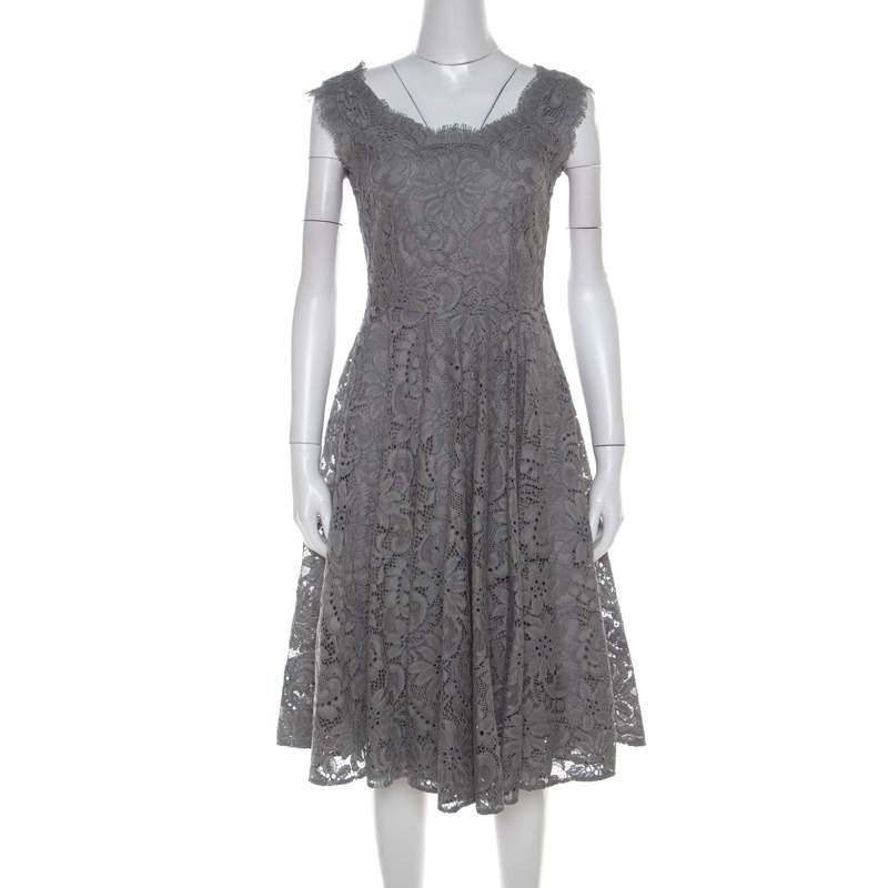 Dolce & Gabbana Grey Lace Sleeveless Flared Dress S 