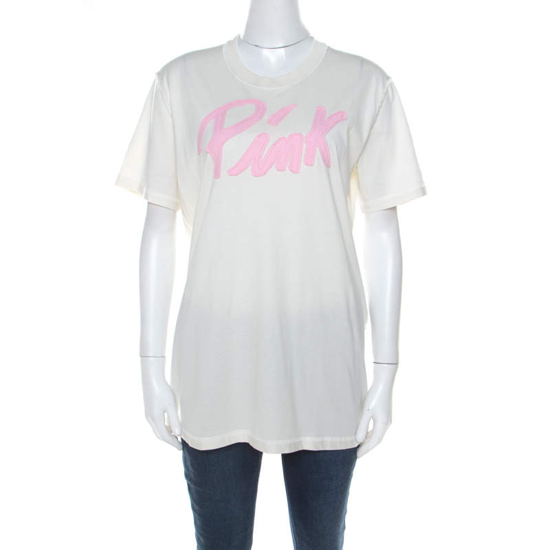 مملوكة مسبقًا Dolce & Gabbana Off White Cotton Pink Applique Crew Neck T-Shirt XL