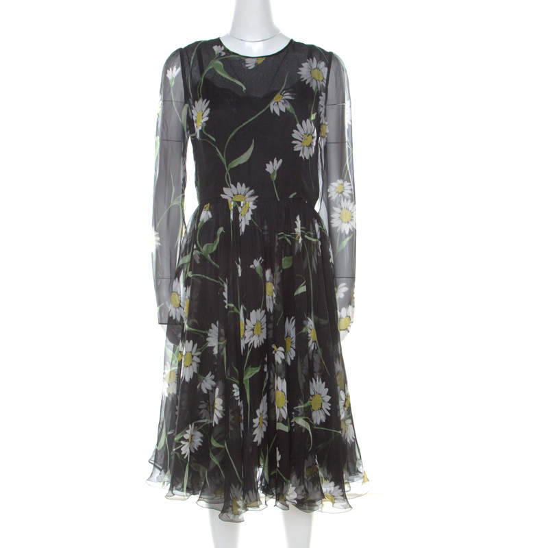 Dolce & Gabbana Black Sunflower Print Silk Gathered Midi Dress M
