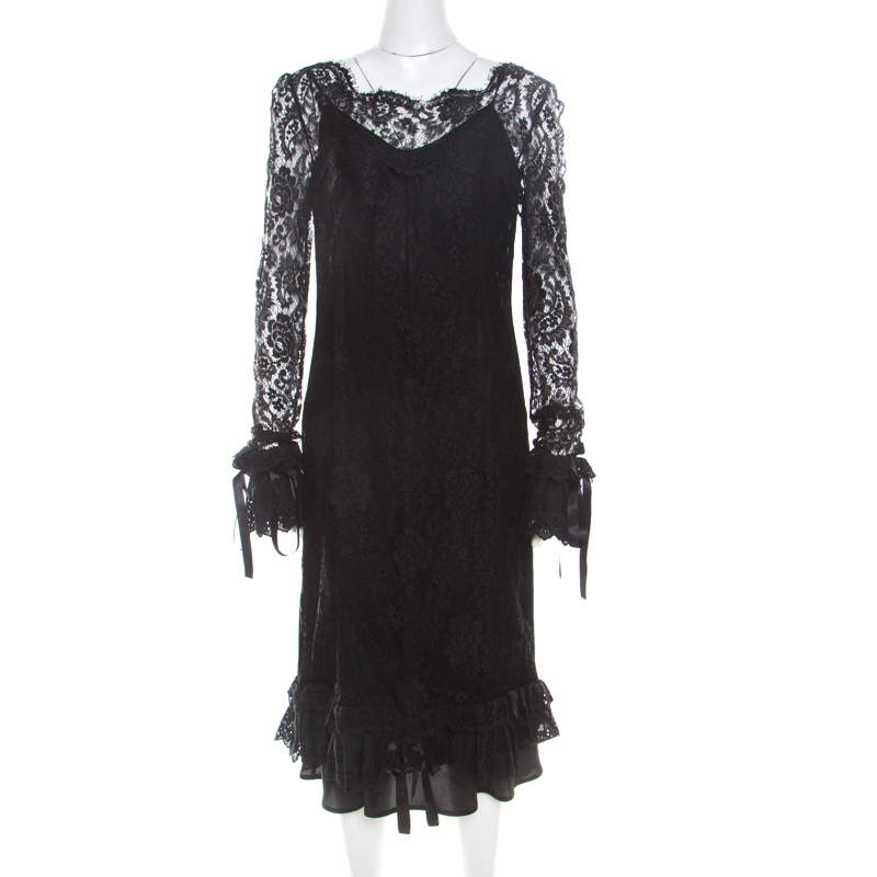 Pre Owned Dolce & Gabbana Black Lace Ruffle Sleeve and Hem Detail Midi Dress M 