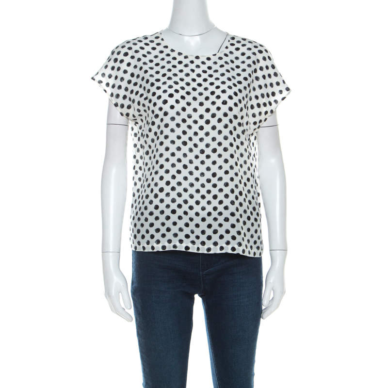 Pre Owned Dolce & Gabbana Monochrome Brushstroke Polka Dot Print Silk Blouse M