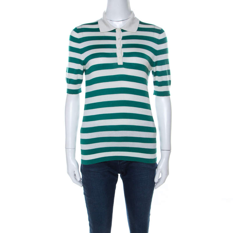 Dolce & Gabbana Green and Off White Cashmere Striped Polo T Shirt M 