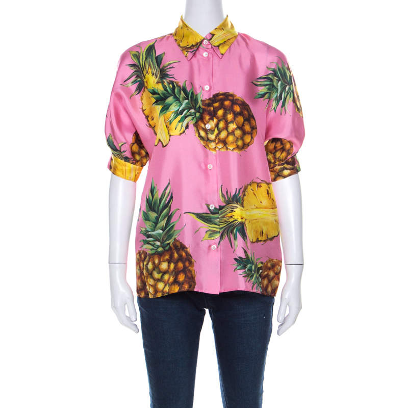 Dolce & Gabbana Pink Pineapple Print Silk Twill Boxy Shirt S