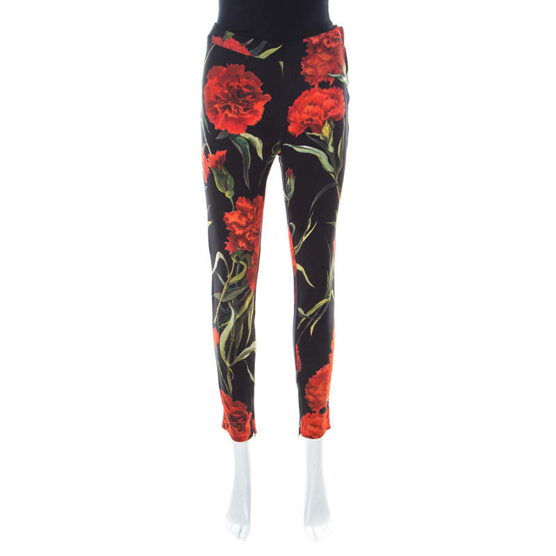 Dolce & Gabbana Black & Red Cady Carnation Print Miss Crepe Slim Leg Trousers M 