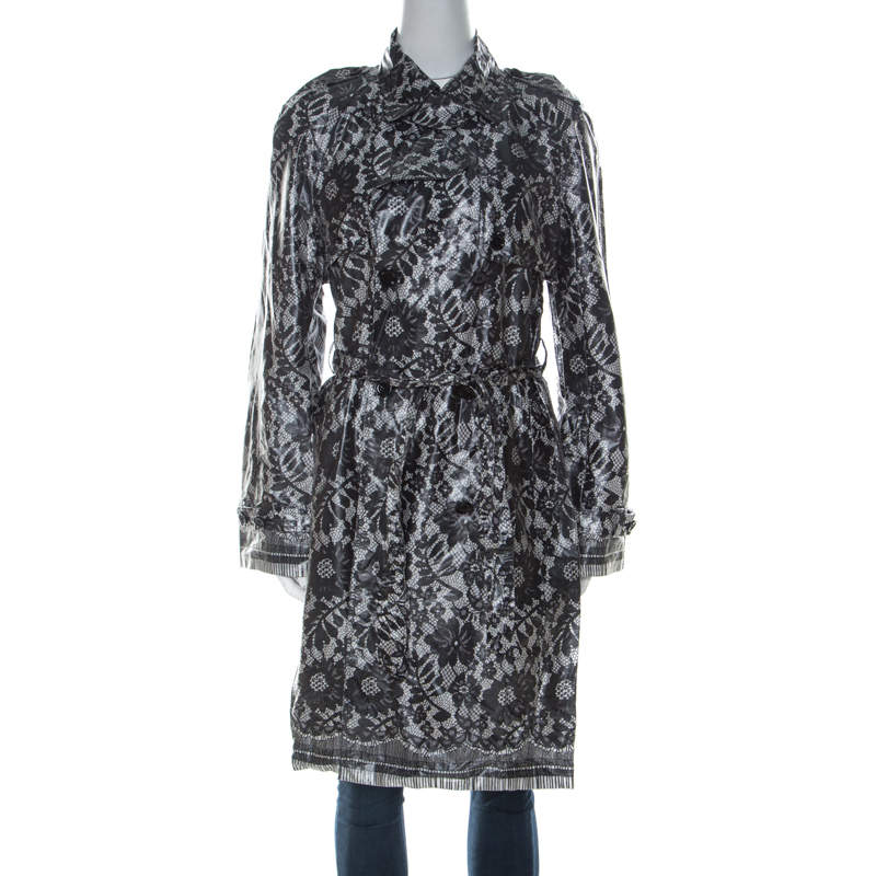 Pre Owned Dolce & Gabbana Grey Coated Silk Floral Lace Pattern Raincoat M 