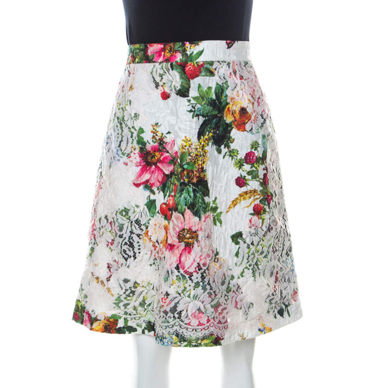 مملوكة مسبقًا Dolce & Gabbana Floral Print Silk Blend Jacquard Applique Lace Detail Skirt S