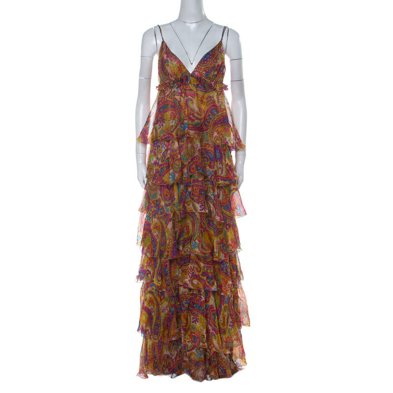 Dolce & Gabbana Multicolor Paisley Print Silk Tiered Ruffle Maxi Dress M