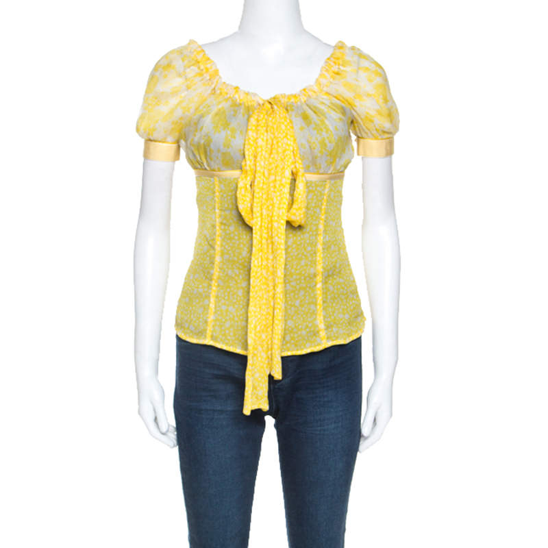 D&G Yellow Floral Print Sheer Silk Crepe Elasticized Neck Blouse S