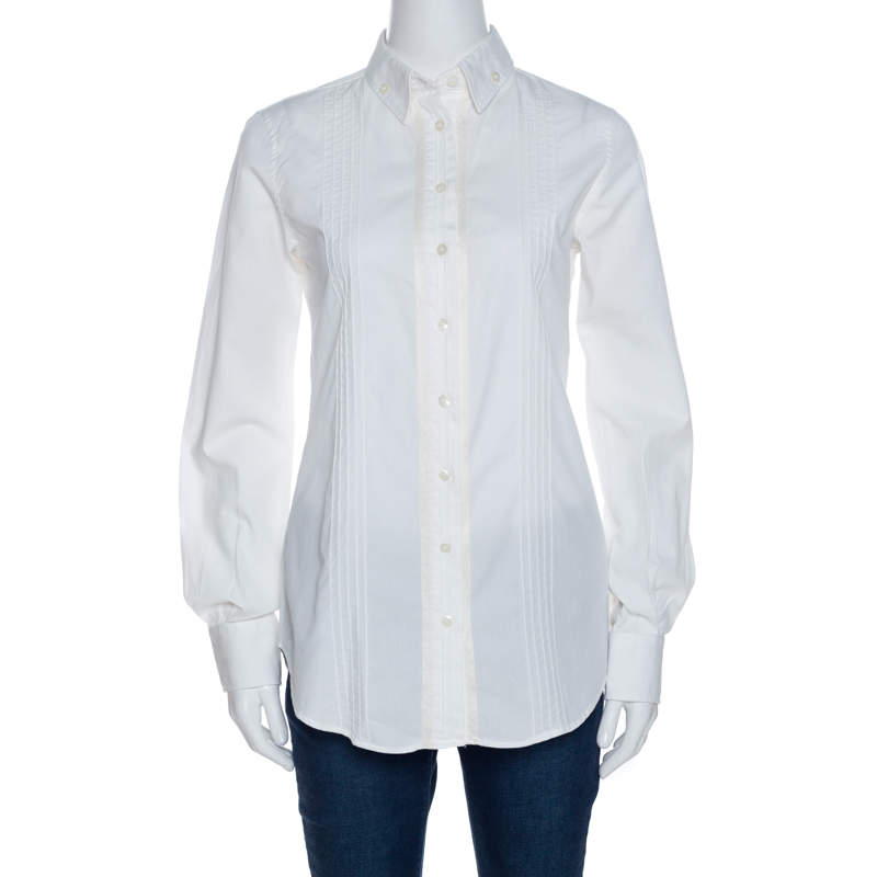 Pre Owned Dolce & Gabbana Off White Cotton And Silk Pintuck Detail Shirt S