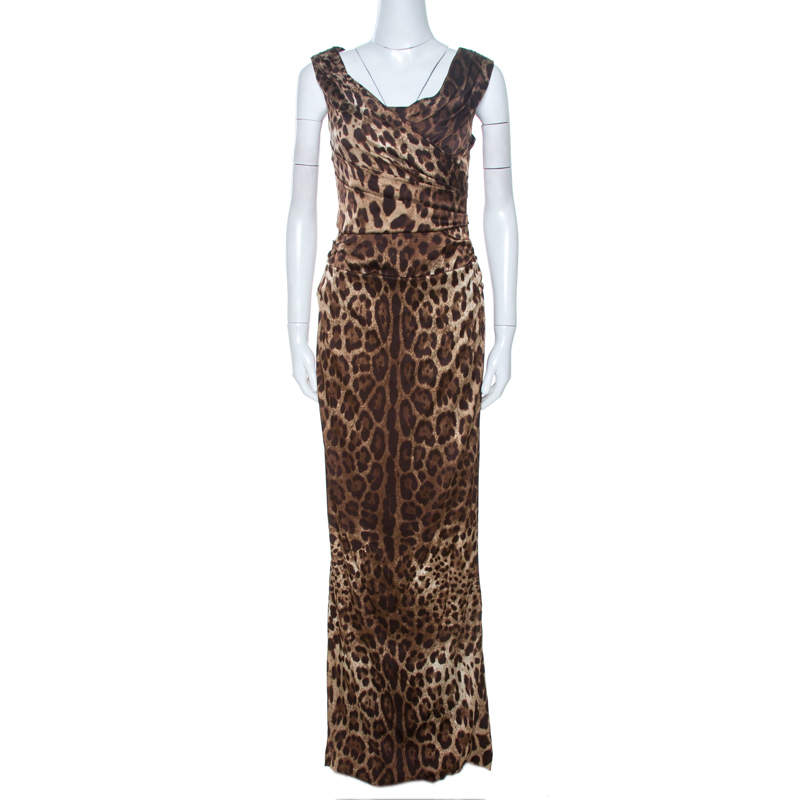 Pre Owned Dolce & Gabbana Brown Leopard Print Silk Draped Maxi Dress M