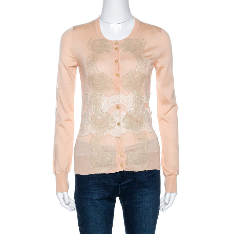 Pre Owned Dolce & Gabbana Light Peach Cashmere Lace Trim Cardigan S