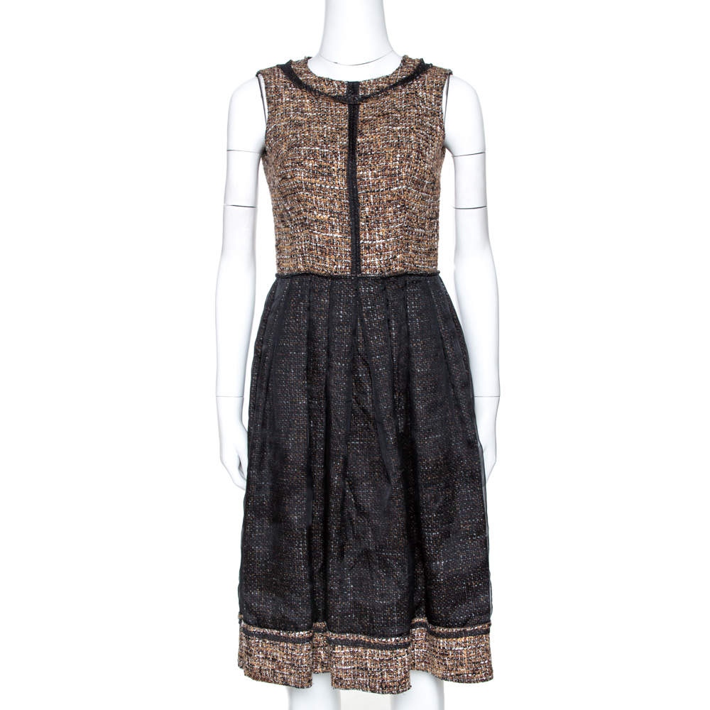 Pre Owned D&G Black and Brown Tweed Silk Overlay Flared Dress XS