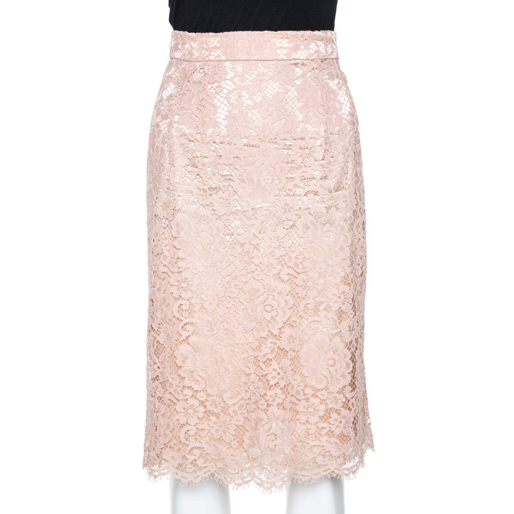 Pre Owned Dolce & Gabbana Naturel Lace Midi Skirt M