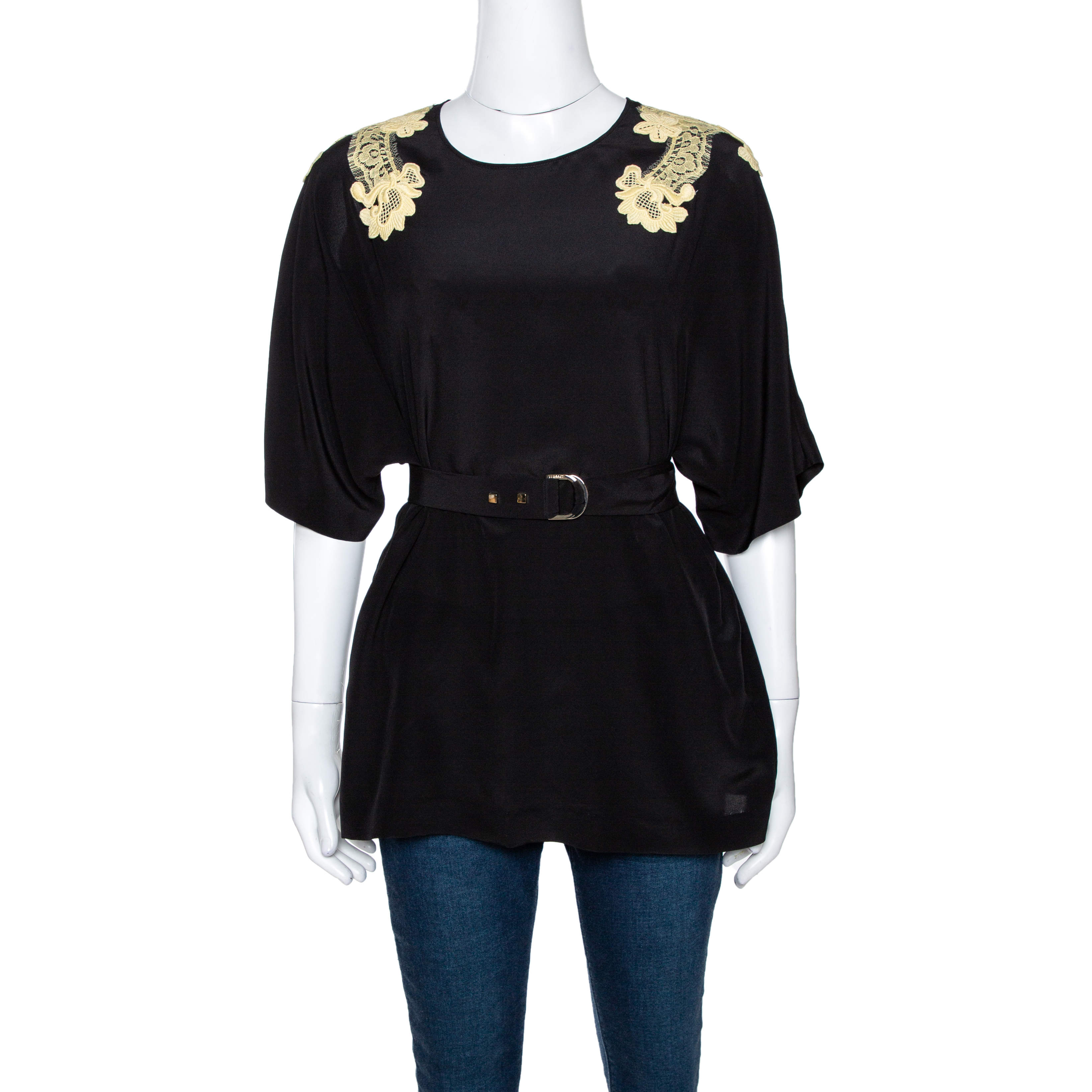 Pre Owned Dolce & Gabbana Black Silk Lace Applique Detail Short Sleeve Top M