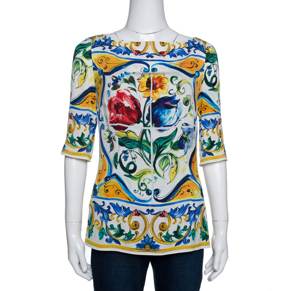 Dolce & Gabbana Multicolor Majolica Print Silk Three Quarter Sleeve Top M