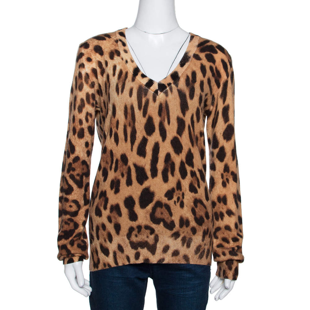 Dolce & Gabbana Beige Cashmere Leopard Print V Neck Sweater L Dolce ...