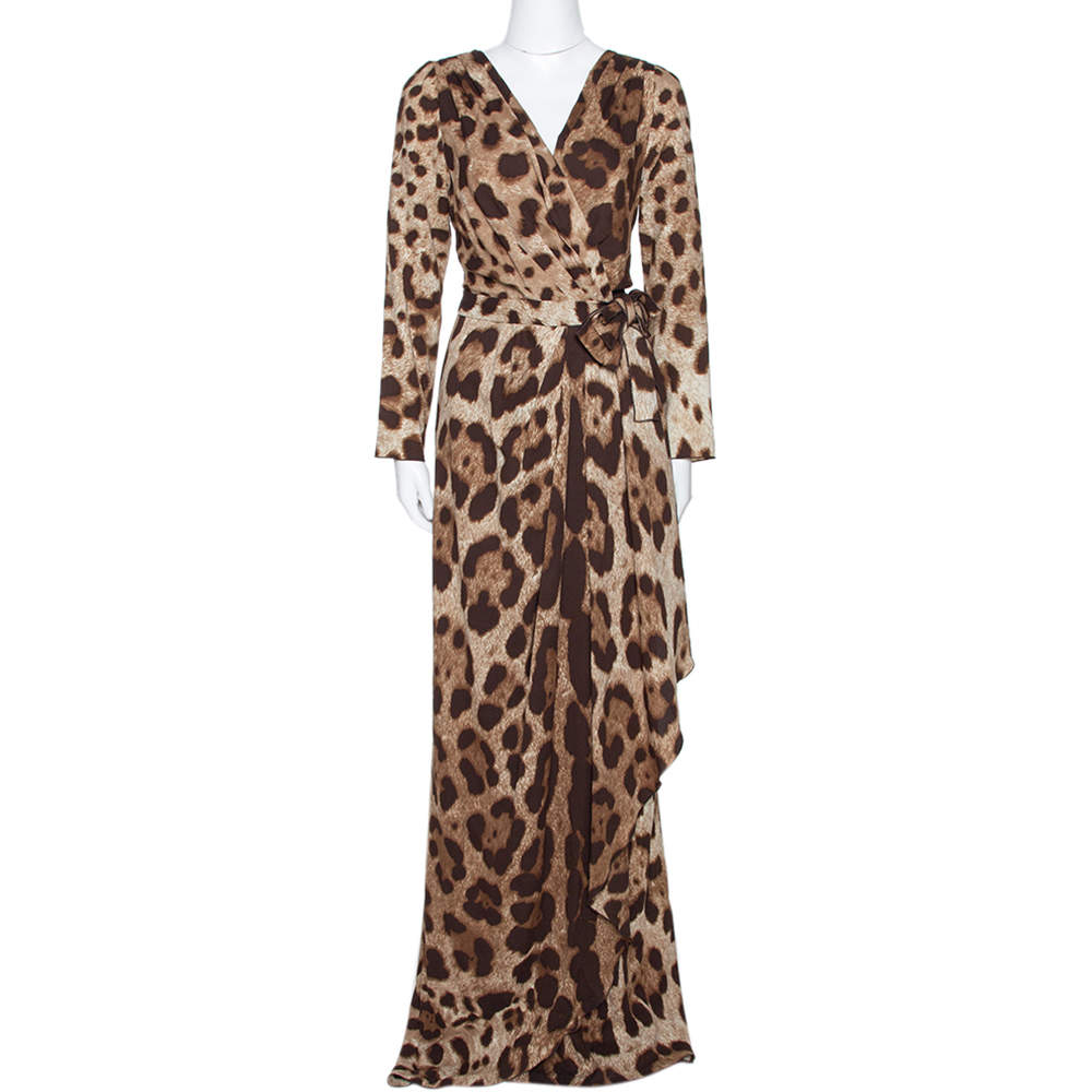 Pre Owned Dolce & Gabbana Brown Animal Print Silk Faux Wrap Dress L