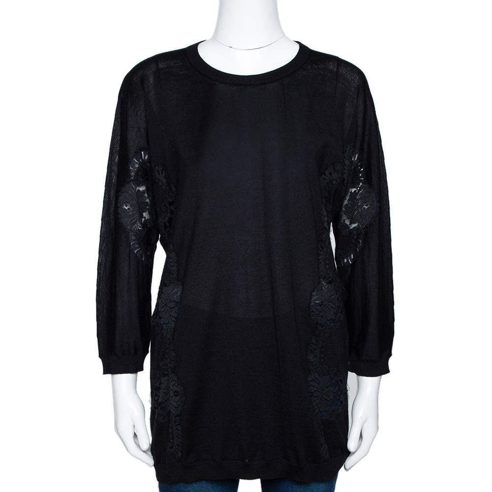 مملوكة مسبقًا Dolce & Gabbana Black Cashmere Silk Lace Trim Long Sleeve Top L