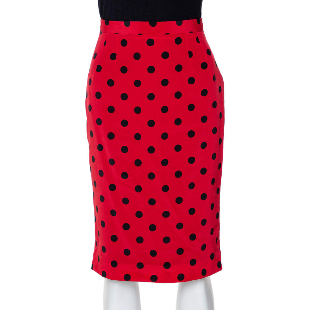 Pre Owned Dolce & Gabbana Red Polka Dot Silk Pencil Skirt S
