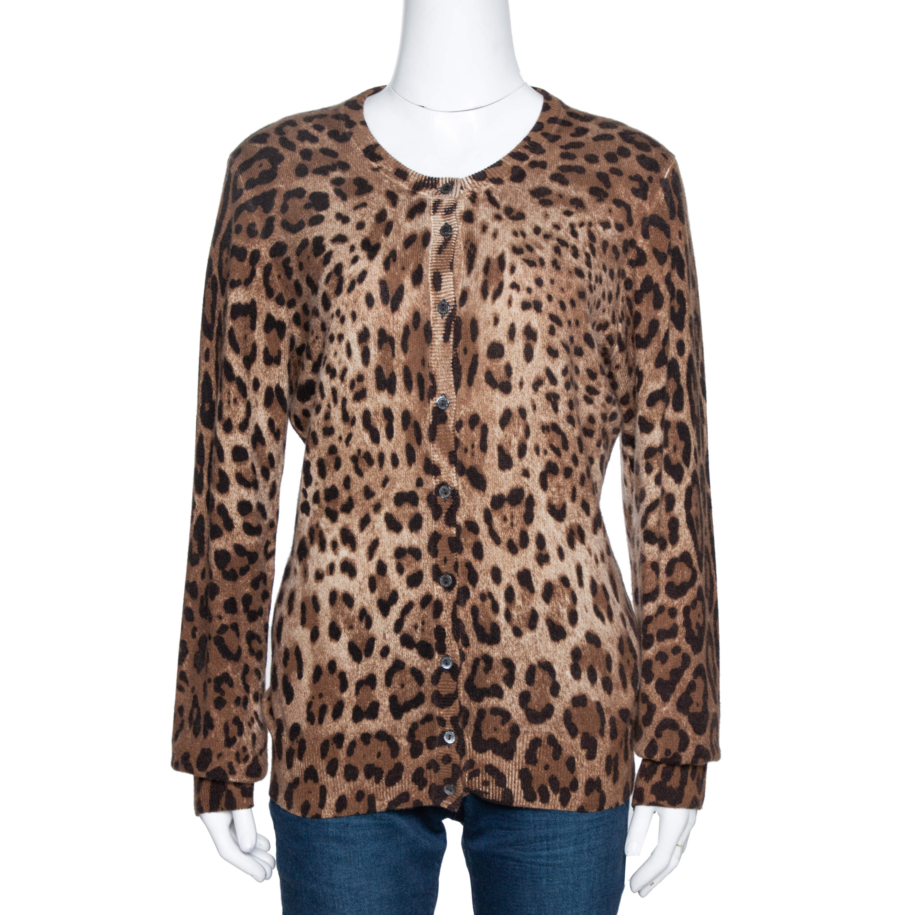Pre Owned Dolce & Gabbana Brown Leopard Print Cashmere Cardigan L