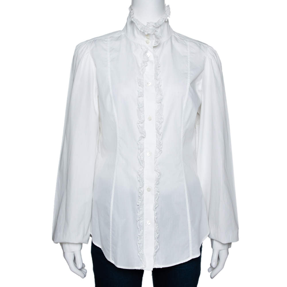 Pre Owned Dolce & Gabbana White Cotton Ruffled Lace Trim Shirt L
