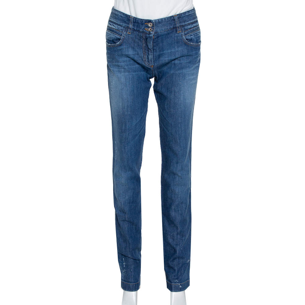 Pre Owned بنطلون جينز دولتشي أند غابانا أرجل مستقيمة طلاء مرشوش دنيم أزرق مقاس وسط (ميديوم)