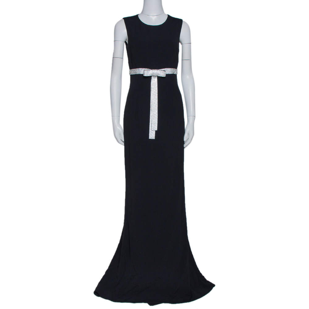 Pre Owned فستان سهرة فيونكة مزخرفة كريستال كريب أسود مقاس وسط (ميديوم)