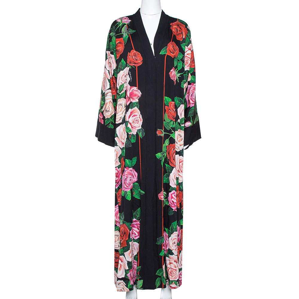 Dolce & Gabbana Black Floral Print Silk Button Front Abaya M