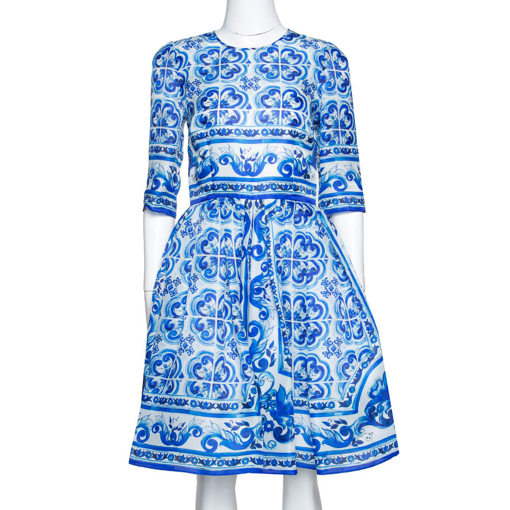 Dolce & Gabbana Blue Majolica Print Silk Organza Flared Dress M Dolce ...