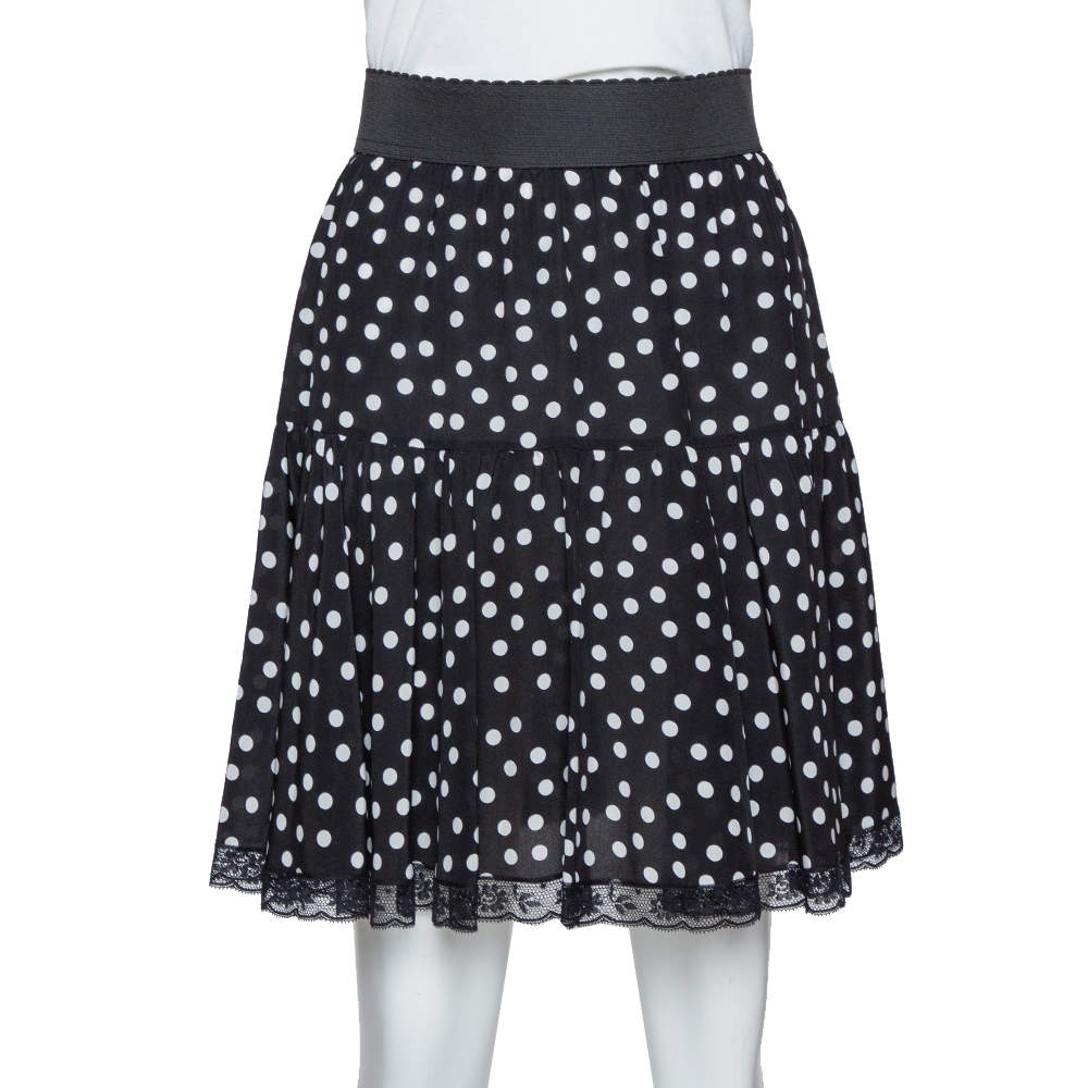 Pre Owned Dolce & Gabbana Black Polka Dot Silk Lace Trim Flared Skirt M