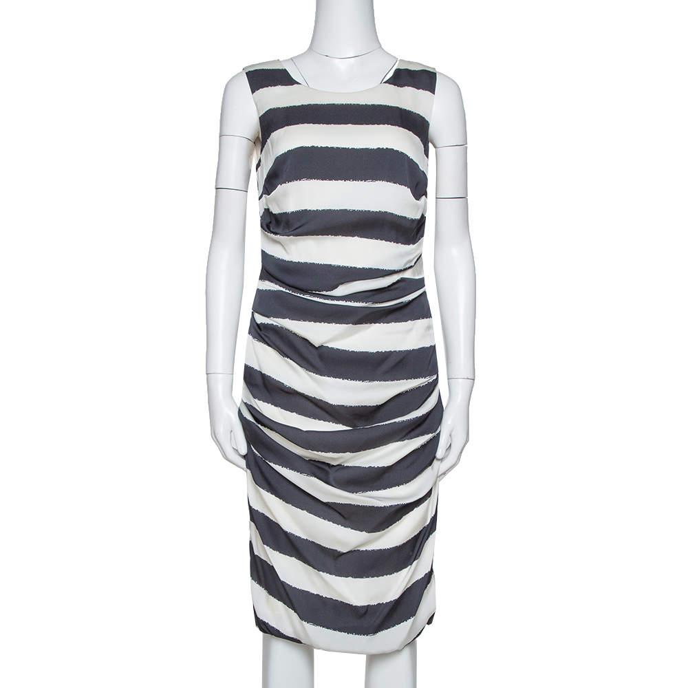 Dolce & Gabbana Monochrome Striped Stretch Silk Ruched Dress L