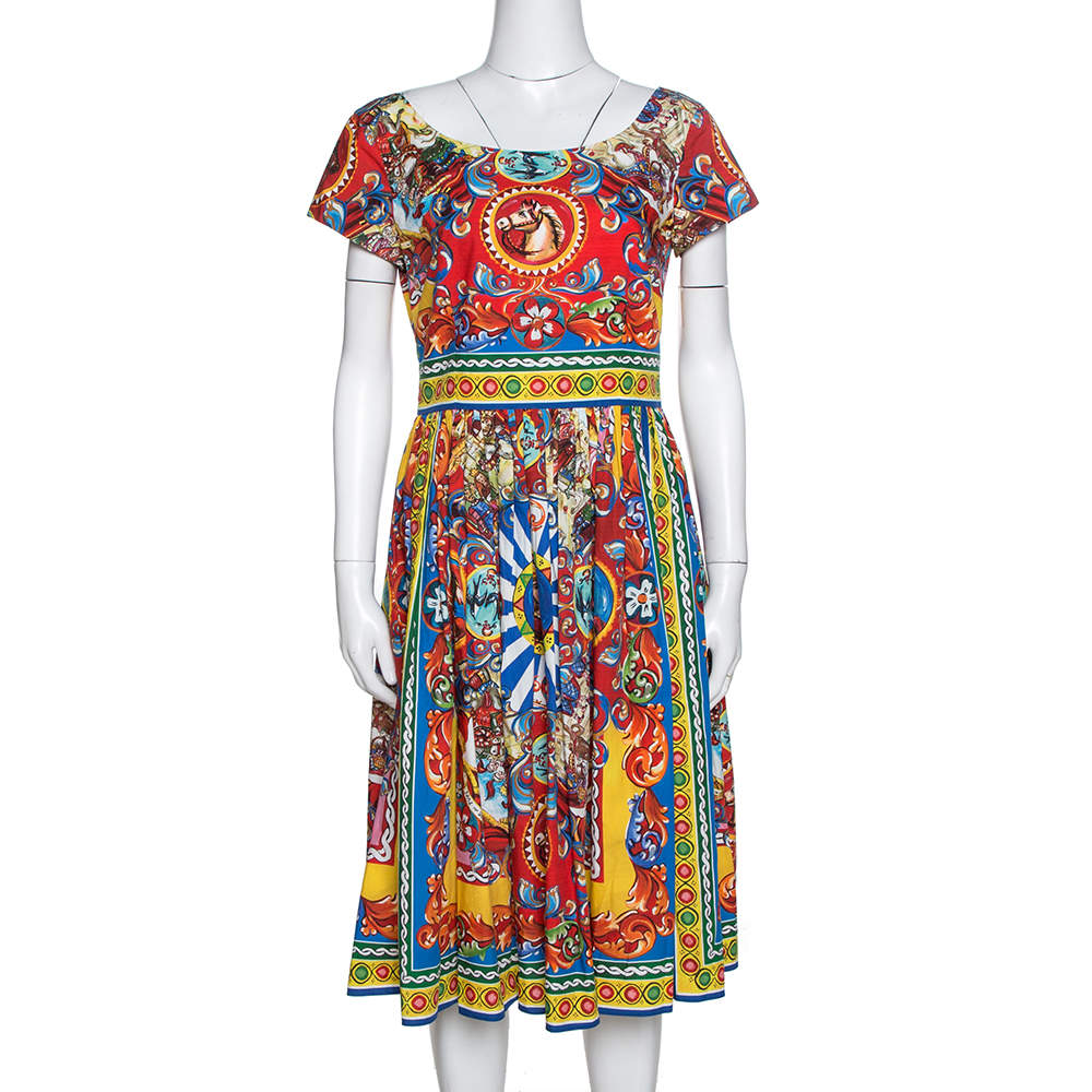 Dolce & Gabbana Multicolor Sicilian Print Cotton Flared Dress M