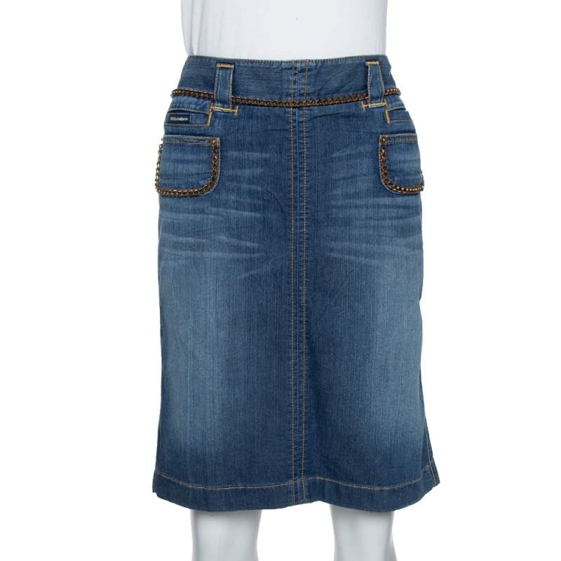 Pre Owned تنورة دولتشي أند غابانا مكسم تفاصيل سلسلة دنيم أزرق M