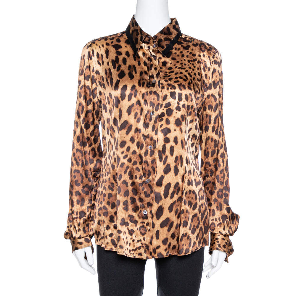 Dolce & Gabbana Brown Leopard Print Silk Button Front Shirt L