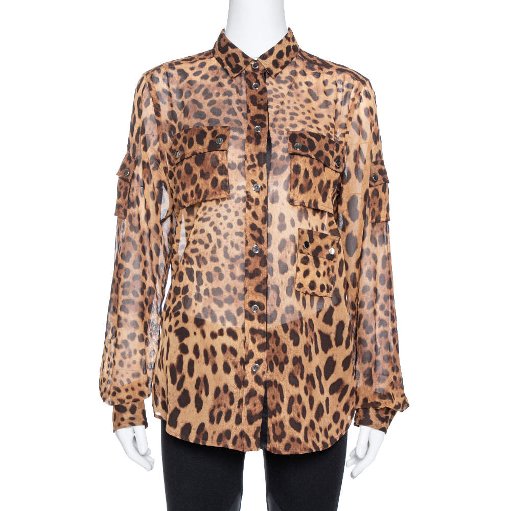 Dolce & Gabbana Brown Leopard Print Cotton & Silk Button Front Shirt M