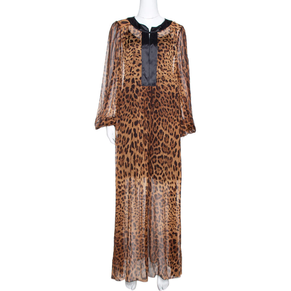 Dolce & Gabbana Brown Leopard Print Silk Sheer Kaftan Dress M