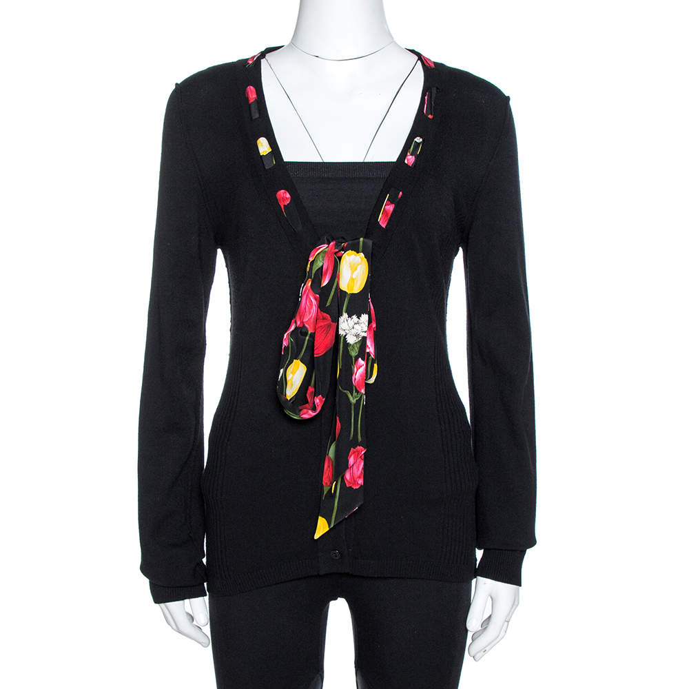 Pre Owned Dolce & Gabbana Black Knit Tulip Print Tie Neck Cardigan L