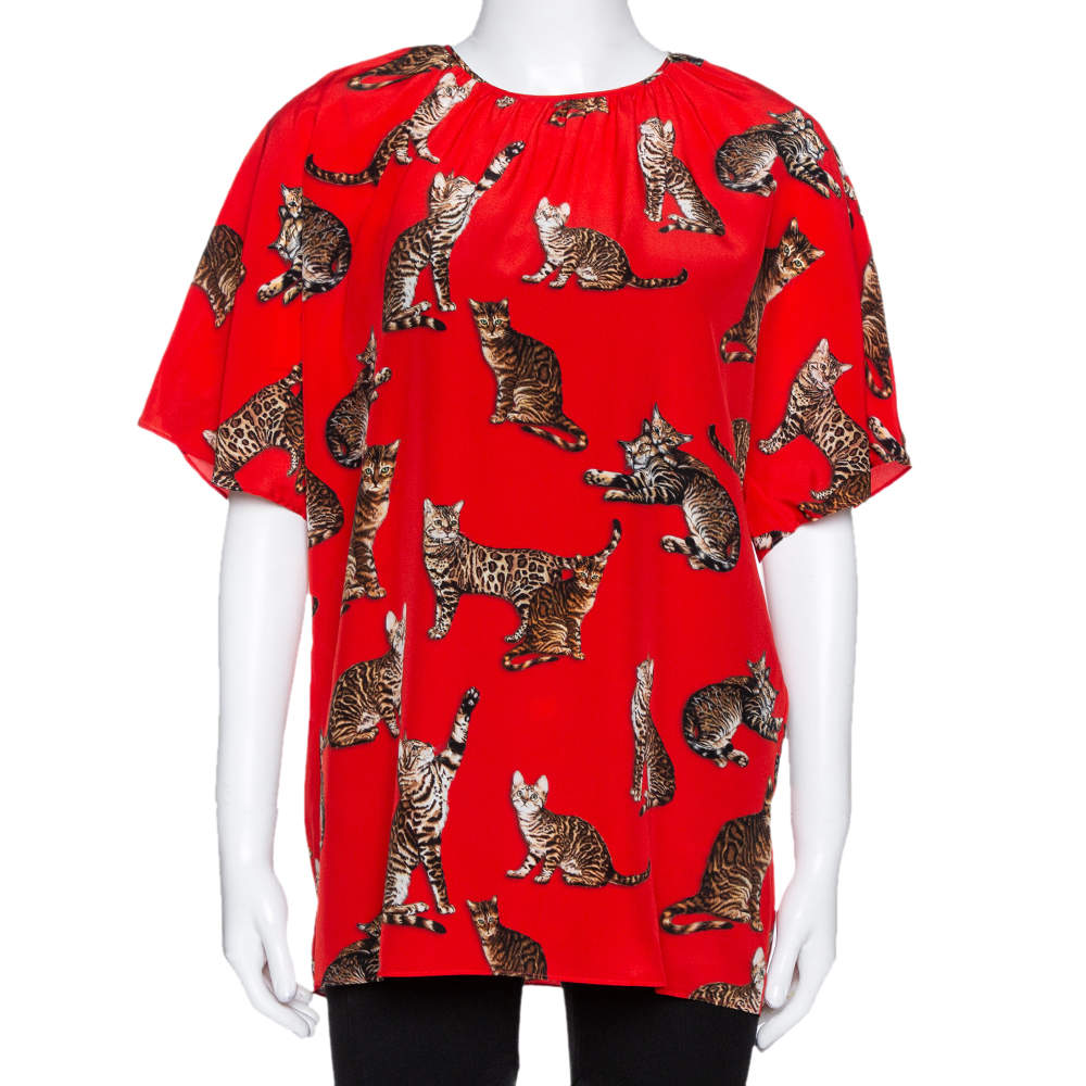 Dolce & Gabbana Red Cat Print Silk Short Sleeve Blouse M