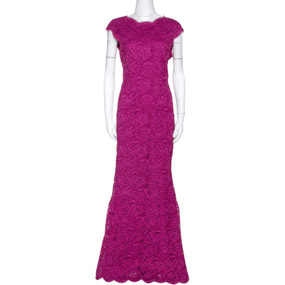 Pre Owned Dolce & Gabbana Magenta Corded Lace Plunge Back Maxi Dress L