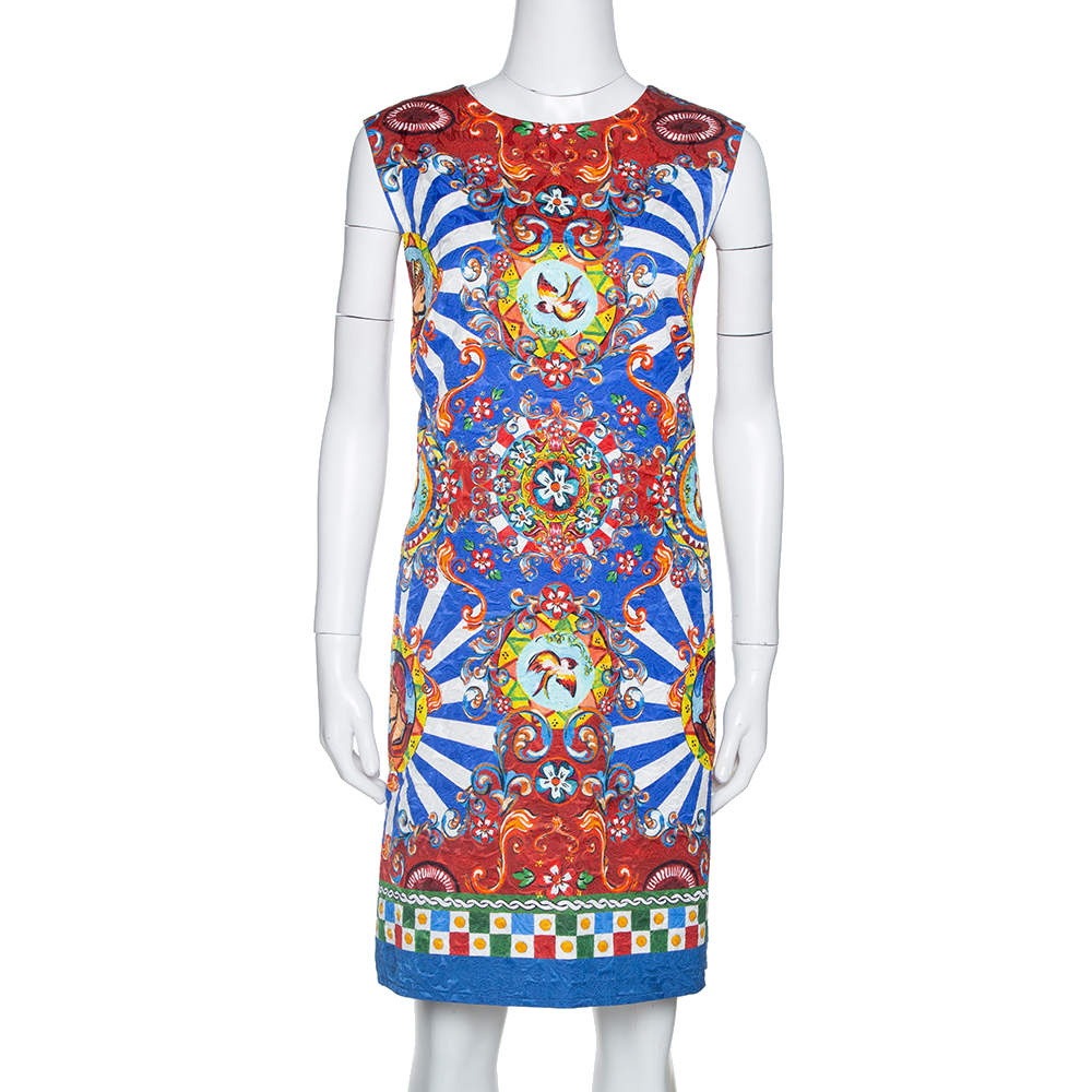 Pre Owned Dolce & Gabbana  Multicolor Caretto Print Sleeveless Shift Dress L
